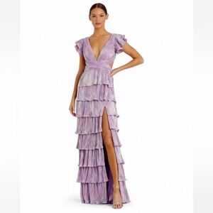 Purple Iridescent Ruffle Tiered Criss Cross Lace Up Gown